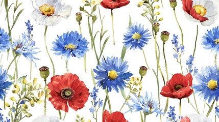 Seamless Pattern with Wildflowers Poppy Cornflower