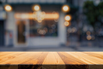 Empty wooden table in front of a blurred store background. High quality photo