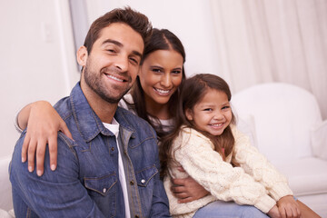 Fototapeta premium Home, sofa and portrait of family with smile for bonding, support and childhood development. Happy, father and mother with daughter for holiday enjoyment, love and relaxing together in living room