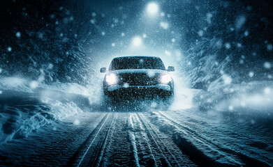 Snowstorm Drive: Winter Wheels Conquer the Blizzard - obrazy, fototapety, plakaty