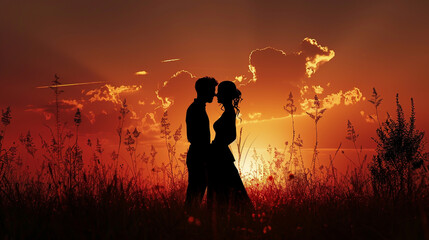 A couple's silhouette embraces romantically under the setting sun.
