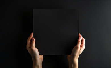 Hands are holding a black sheet of paper with a black background.