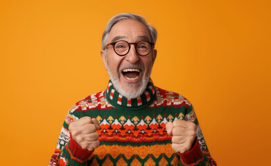 Obraz premium Festive Cheer: Portrait of Excited Senior Man in Ugly Christmas Sweater and Spectacles