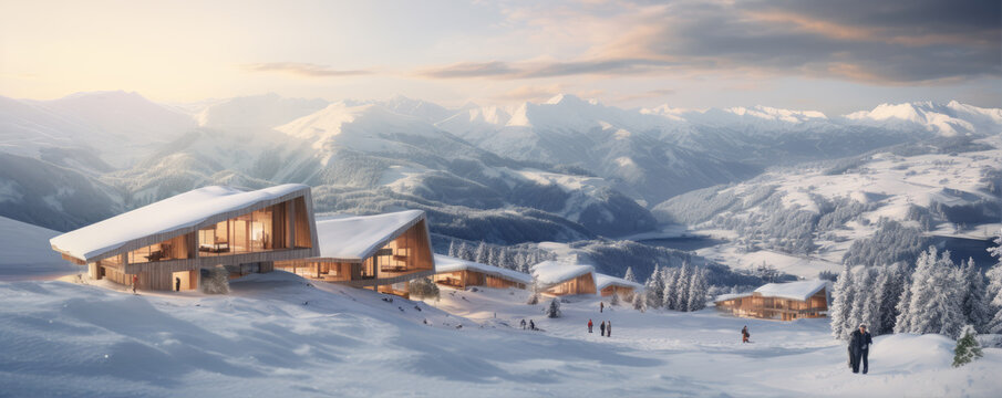 Alpine huts or cottages in winter land. Panoramatic view on chalets covered with snow in evening time.
