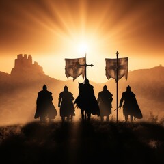 Knights Templar silhouetted by sunset