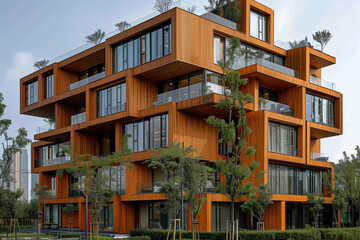 Fototapeta na wymiar A wooden modern high-rise building with many windows and balconies