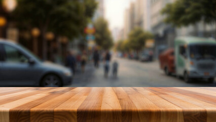 An empty wooden table with a blurred city street in the background. High quality photo - obrazy, fototapety, plakaty
