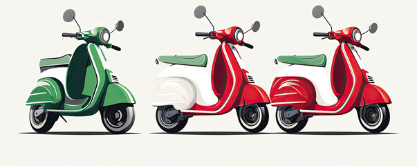 Moped motocycle in green red white color against blank background