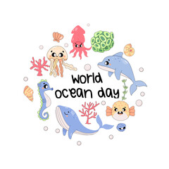 world ocean day, marine world, dolphin, whale, fugu fish, squid, seahorse.