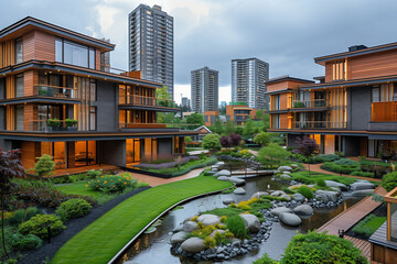 A group of wooden modern high buildings situated closely together on a lush green field - obrazy, fototapety, plakaty