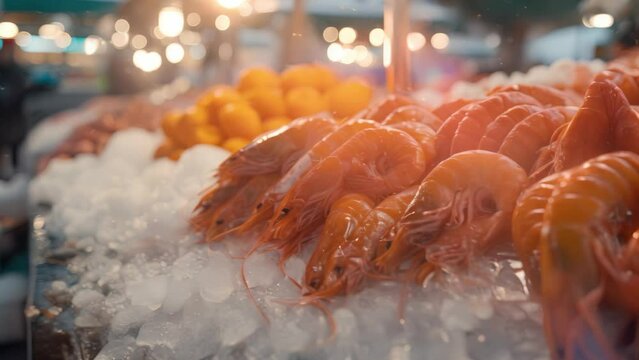 A seafood market showcases a fresh assortment of fish, prawns, and shellfish, all neatly arranged on a bed of ice for preservation.
