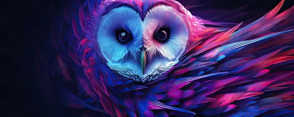 Poster Purple neon owl on black background. graphic owl portrait in bright colors © Alena