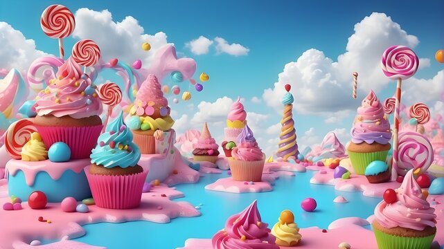Imaginary, colorful Candyland background with cupcakes, candies, ice cream, and clouds in 3D rendered.