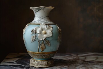 A Wedgewood magnolia vase, sky blue clay body, marble trim, 4k,