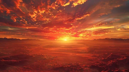 Deurstickers A vibrant sunset casting a fiery glow across a vast desert landscape © crazyass