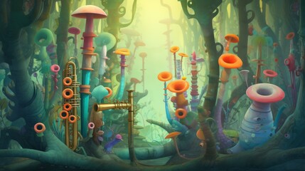 Create a whimsical interpretation of a clarinet concert taking place in a magical forest  essential - obrazy, fototapety, plakaty