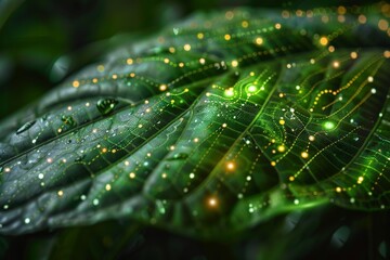 Close-up of a plant leaf infused with nanobots