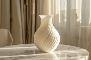 Beautiful curved crème white classic vase on marble table in modern classic interior, dimly lit, rim lighting