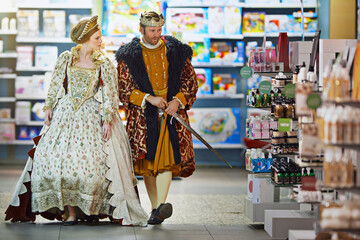 Supermarket, royal man and woman with costume for food choice, grocery shopping or product....
