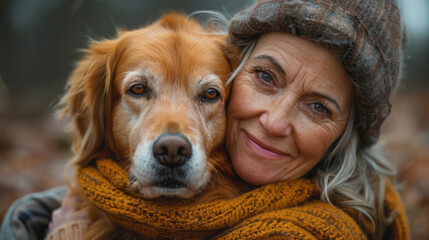 A beautiful mature woman is walking and hugging her dog outside in the yard during a walk. Copy space. World Dog Day. Day of worship of dog fidelity. World Animal Day