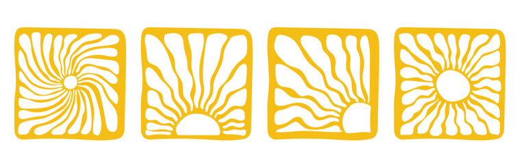 Groovy retro abstract sun backgrounds. Organic doodle shapes in trendy naive hippie 60s 70s style. Contemporary poster print banner template