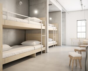 Fototapeta na wymiar A visually appealing representation of a dormitory with immaculately made beds and spotless floorsStudio shot luxurious design elegant simplicity