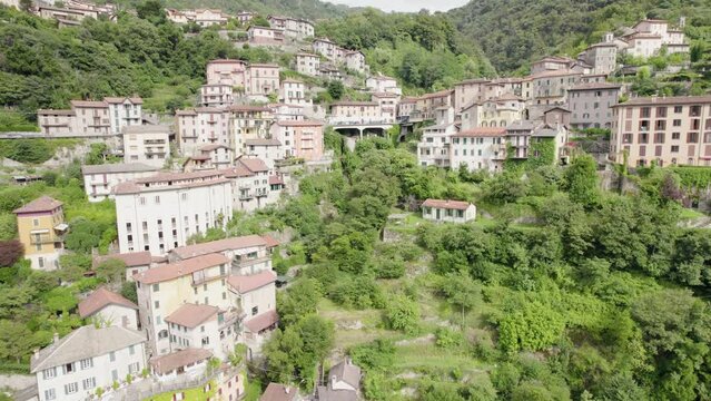 Picturesque Village Of Nesso In Lake Como, Lombardy, Italy, Europe. Aerial Drone Shot