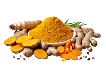 A Melancholic Repast: A Bowl of Turment Beside Sliced Carrots and Ginger. On a White or Clear Surface PNG Transparent Background.