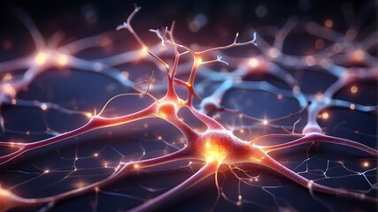 Naklejka na ściany i meble neuronal nerve cell with shining lights, neural system. Background of the human nervous system