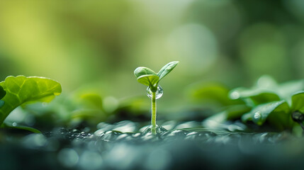 A small green plant is seen sprouting from a single drop of water, showing the beauty of natures cycle of growth and sustenance