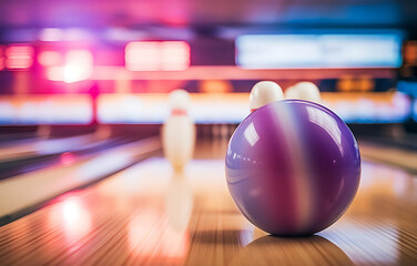 bowling ball rolls down a bowling alley to standing pins, bowlin