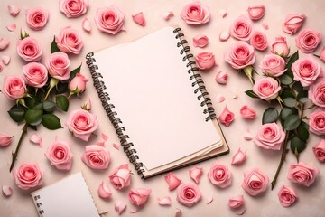 Background with rose flowers and empty notebook for text blank diary rose flower decoration