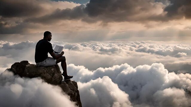 A man in contemplation, reading atop a solitary rock among the clouds, symbolizing peace and enlightenment