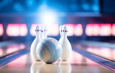 bowling ball rolls down a bowling alley to standing pins, bowlin