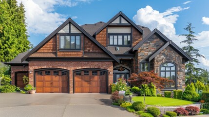 Luxury house exterior with brick and siding trim and double garage. photography  - obrazy, fototapety, plakaty