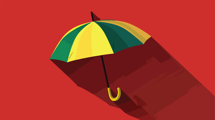Striped green yellow umbrella on red background. Flat vector