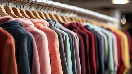 Colorful hoodies and sweaters on the hanger - obrazy, fototapety, plakaty