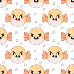 Fototapeta premium Summer seamless pattern, sea world, cute fugu fish, baby.