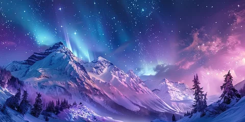 Fotobehang Northern lights on the background of snow-capped mountains, beauty, rare phenomenon, background, wallpaper. © Oleksii