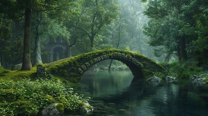 A moss-covered stone bridge spanning a tranquil river, leading to the entrance of an ancient castle hidden amidst towering trees and thick undergrowth.