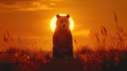 A bear stands with a glowing sunset backdrop in a field.