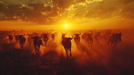 A silhouette of a wildebeest herd stampeding across the savannah against an orange sunset sky. - obrazy, fototapety, plakaty