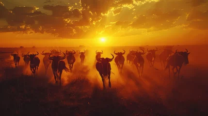 Foto op Aluminium A silhouette of a wildebeest herd stampeding across the savannah against an orange sunset sky. © EyerusalemYonas