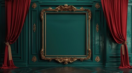 A green wall with an ornate gold frame and red velvet curtains, a victorian theater stage backdrop, a vintage art style