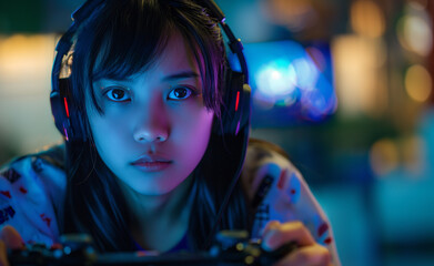 Fototapeta na wymiar Asian girl playing professional videogames with headphones