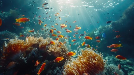Fototapeta na wymiar Vibrant undersea view with fish swimming around coral reef.