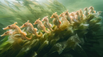 A group of seahorses clinging to swaying seaweed in a sunlit ocean.