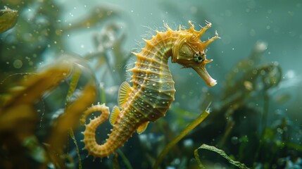 A seahorse swims amidst green aquatic plants.
