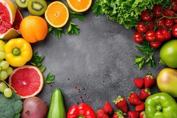 Assorted fresh ripe fruits and vegetables. Food concept background. Top view. Copy space. - obrazy, fototapety, plakaty