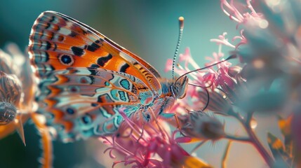 Close-up of a colorful butterfly perched on pink flowers, with a dreamy blue backdrop.